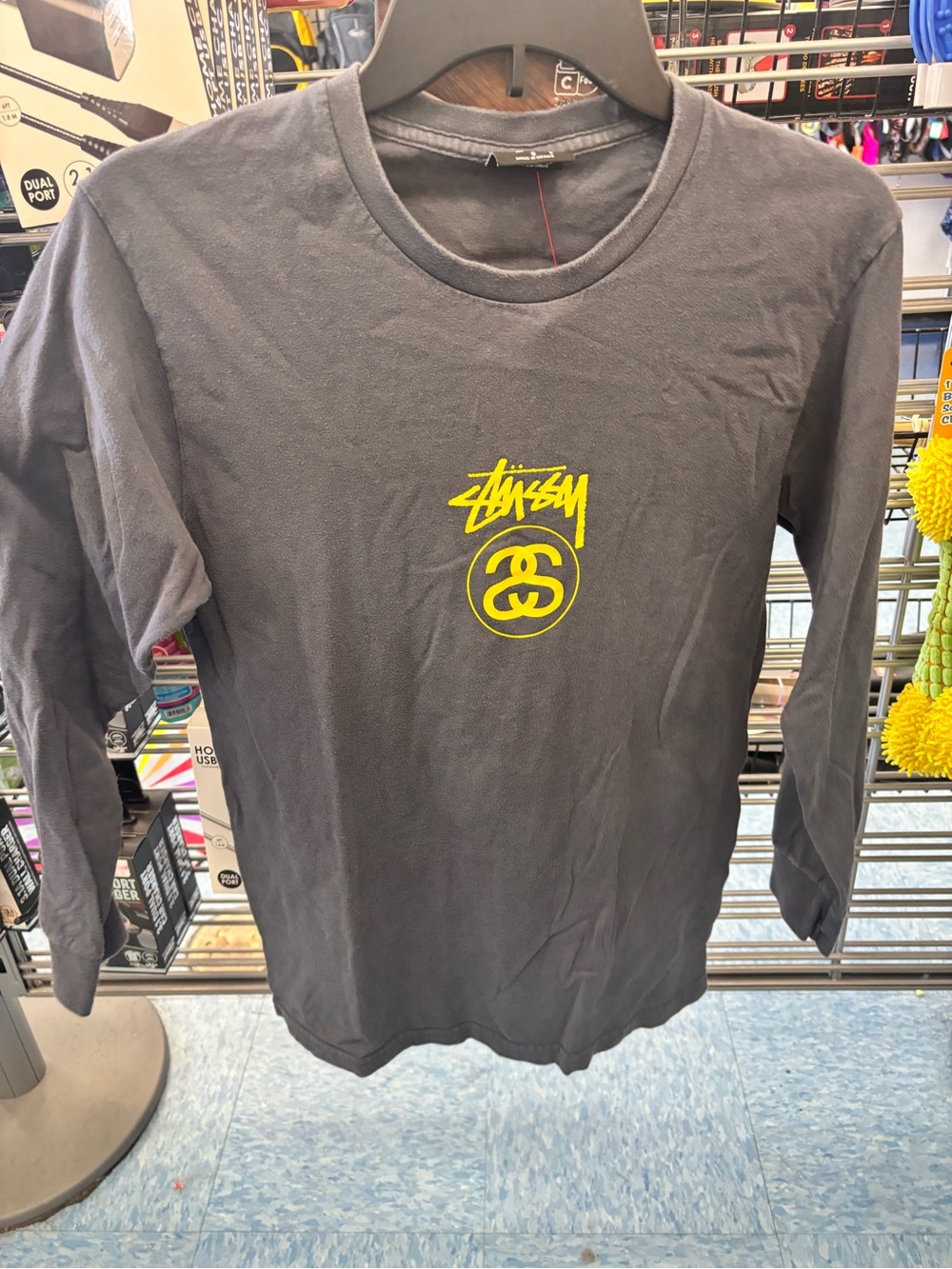 Stussy Long Sleeve Tee in Charcoal with Yellow Logo